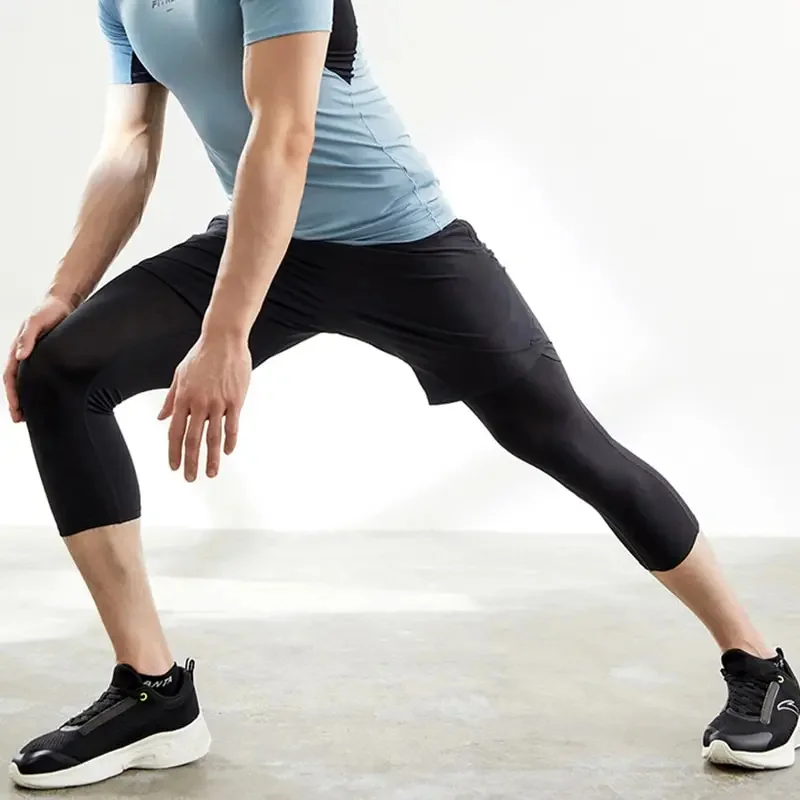 Men Running Sport Tights Pants Basketball Compression Cropped Leggings Gym Fitness Sportswear for Male Athletic Trousers
