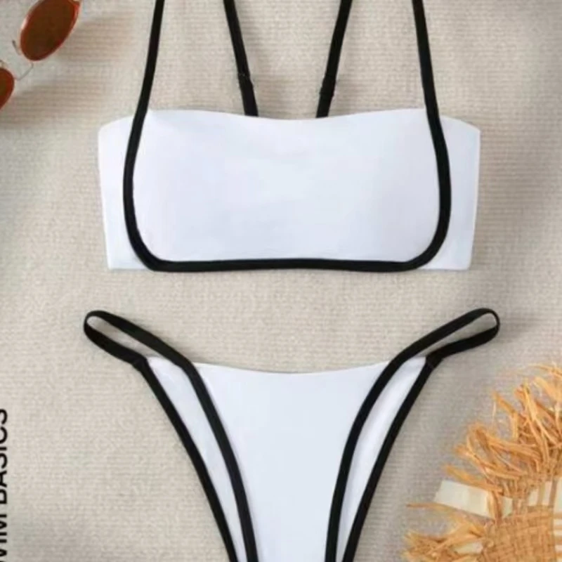 KNOW DREAM Simple Black-and-white Sexy Swimsuit Adjustable Shoulder Straps Without Steel Support Split Bikin Bikini