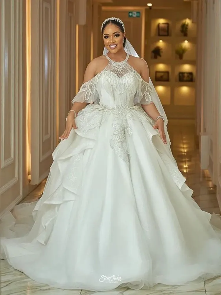 

Новинка, кружевное пышное свадебное платье с аппликацией и круглым вырезом, женское платье невесты, многослойное бальное платье с корсетом на спине, 2024