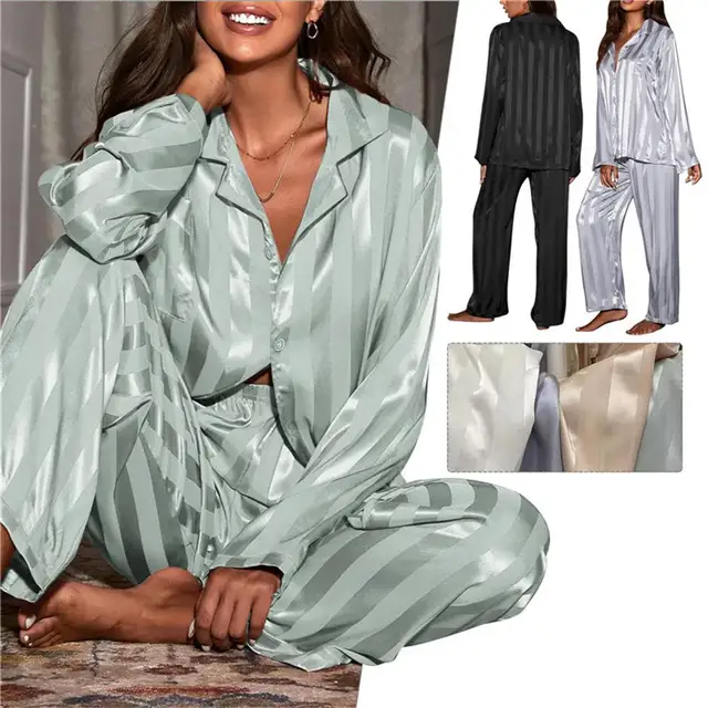 Ensemble pyjama rayé pour femmes, haut à manches longues, pantalon en Satin de soie, costume de maison, ample, décontracté, vêtements de nuit féminins, été
