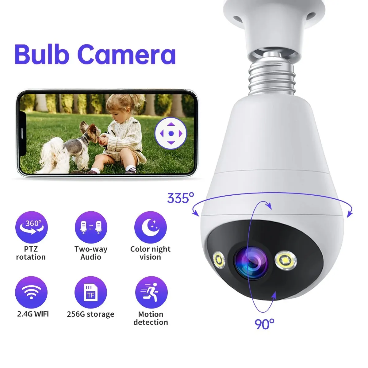 JOOAN 3MP Panoramic PTZ Rotation Light Bulb Wireless Security Camera ,Full Color Night Vision,And Two-way Voice Call