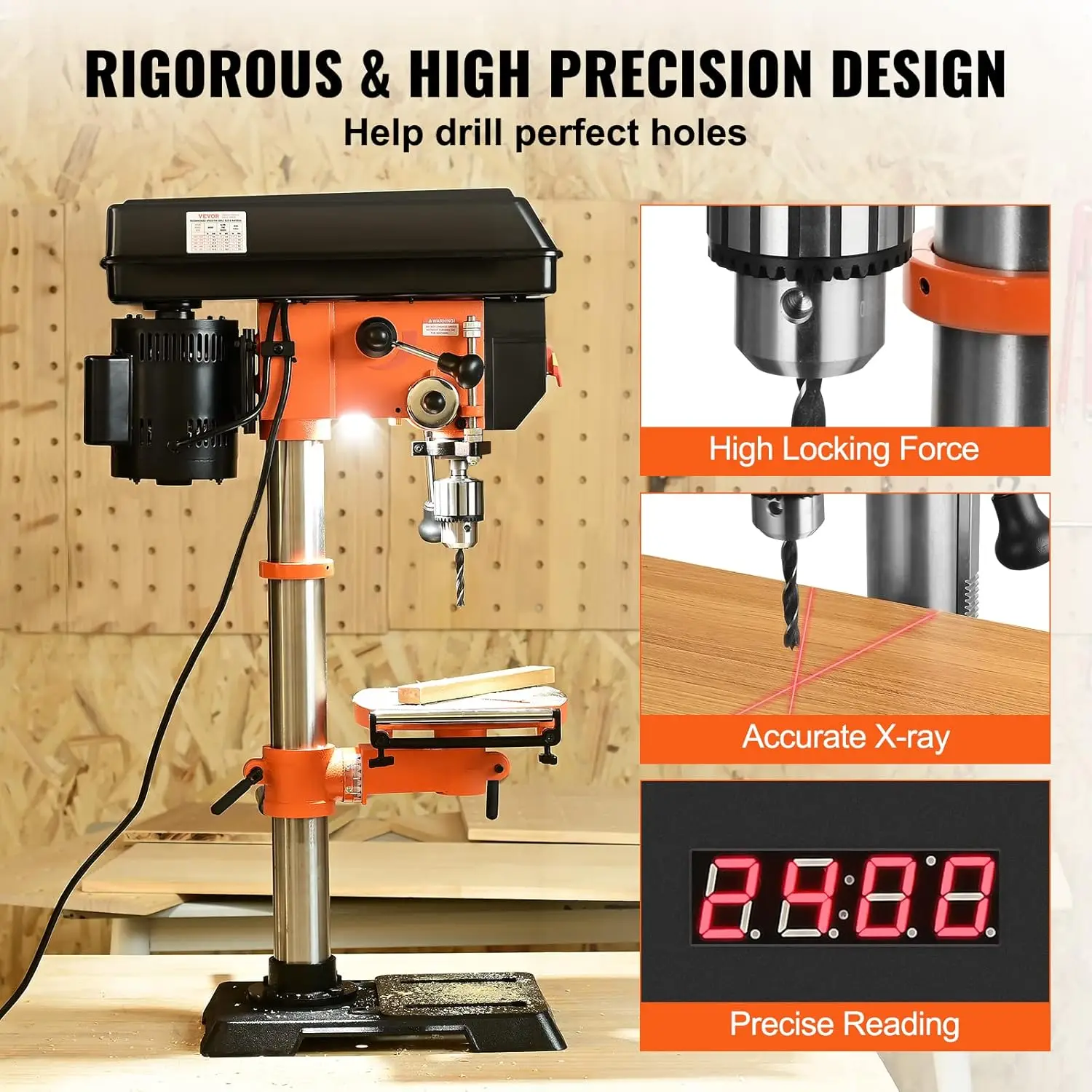 12 in Benchtop Drill Press, 5 Amp 120V,Variable Speed Cast Iron Bench Drill Press,12 in Swing Distance 0-45° Tiltling Worktable. 4
