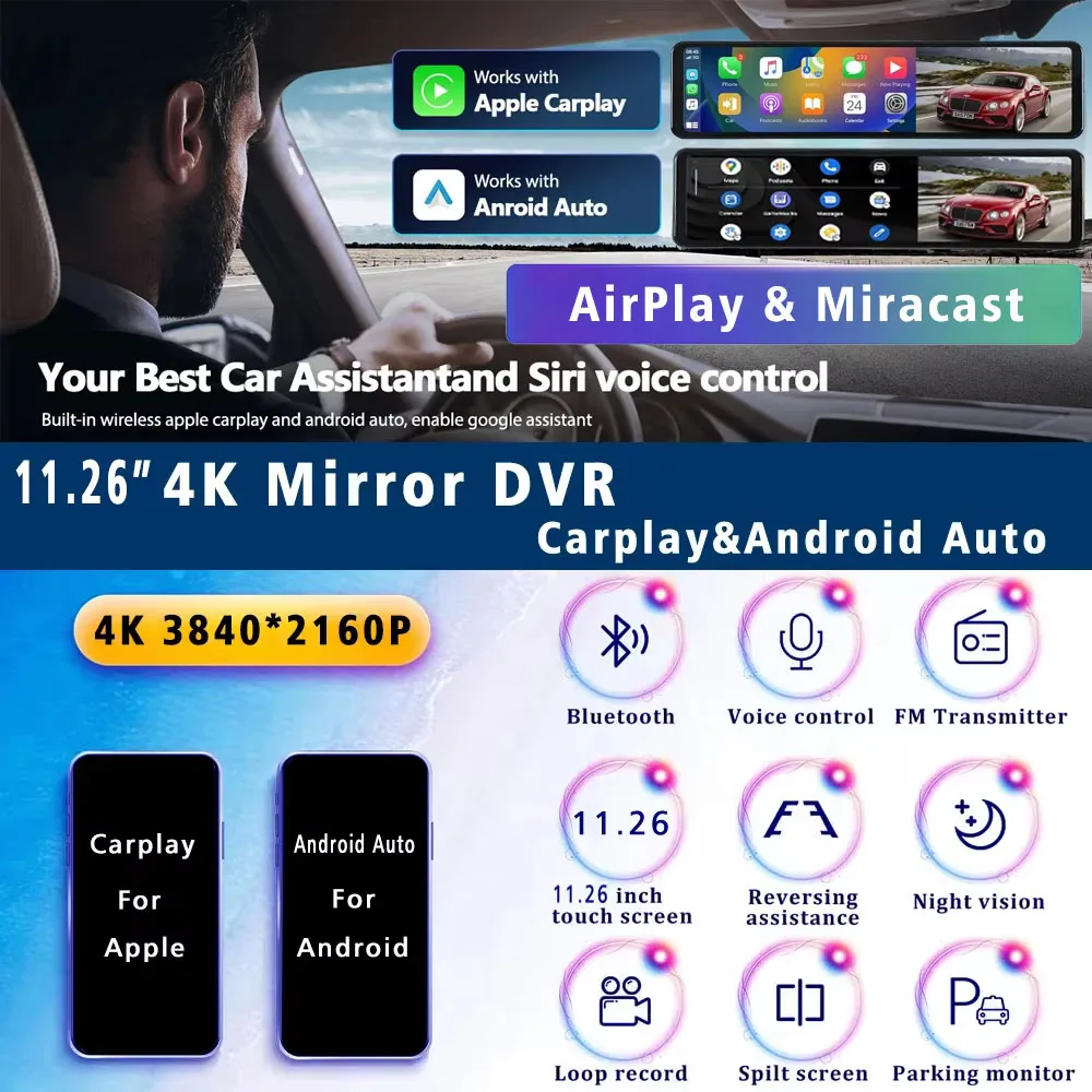 Dash Cam 4K 2160P da 11,26 Pollici con Carplay, Android Auto, Doppia Lente, Wifi, GPS, BT, FM, Registratore Video per Auto, Specchietto Retrovisore con Telecamera - immagine 3