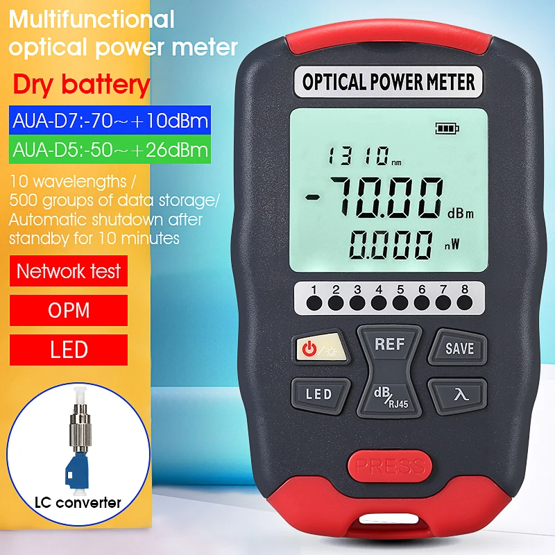 Mini Handheld Optical Power Meter AUA-D7/D5 OPM Fiber Optical Cable Tester -70~+10/-50+26dbm SC/FC/ST Universal Port uni t ut202s clamp meter 9999 counts handheld digital clamp type multimeter multifunctional voltmeter ammeter live line recognition continuity diode hertz temperature tester ncv universal meter