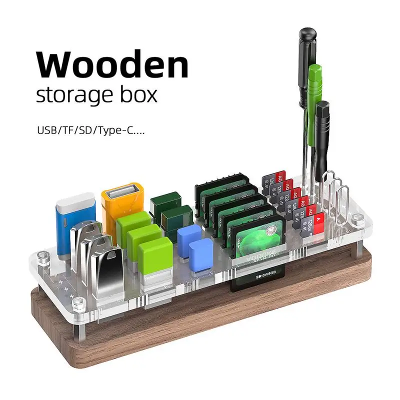 

Storage Holder For SDCard Memory Card 29 Slots Desktop Walnut Wooden Holder Organizer Card Storage Box Keeper For USB S-D TF