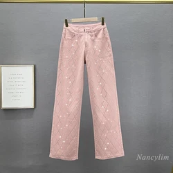 Rhinestone Denim Wide-Leg Pants for Women 2024 Spring and Summer New High Waist Loose and Slimming European Mop Trousers Jeans