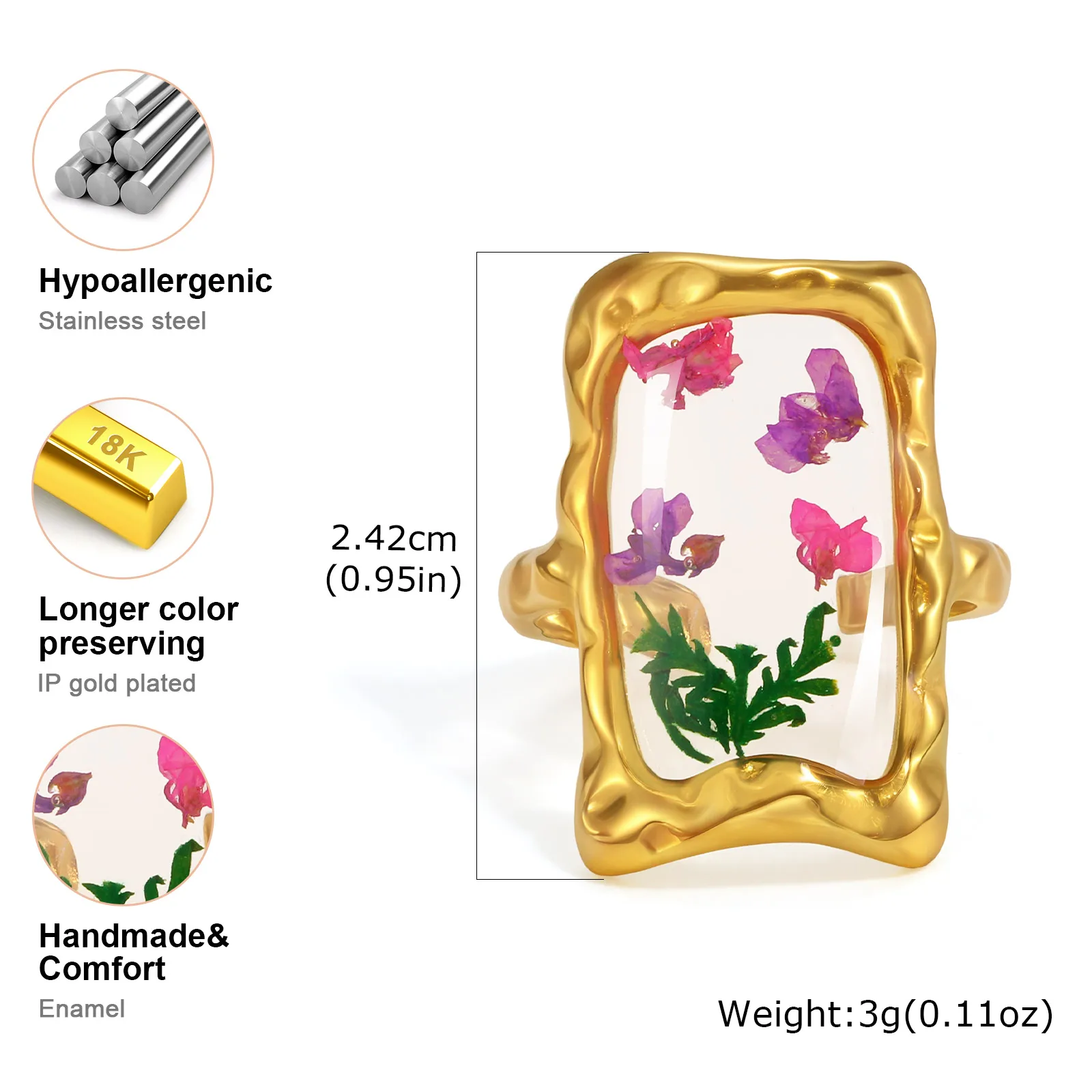 Zierlicher Echter Trockenblumen-Öffnungsring für Frauen, Geometrischer Herz-Edelstahlring, Personalisierter Modeschmuck – Detail 13