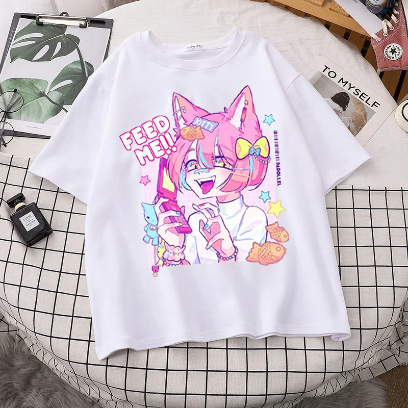 Kawaii női túlméretezett pólók Haruku zenei lány mintás crop póló gótikus rövid ujjú felső női póló fekete Ladies379_voghion.com