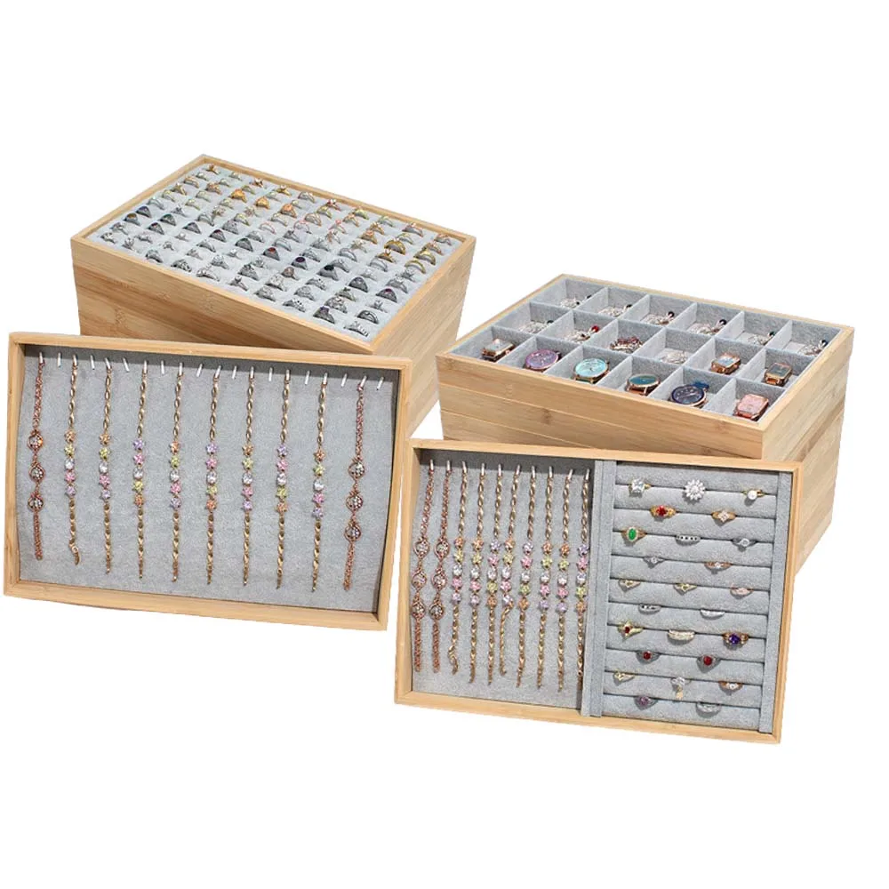 Portable Bamboo Velvet Jewelry Ring Display Stand Tray Holder Earrings Necklace Bracelet Storage Case Showcase forCounter retail 100pcs white round paper cards necklace ring labels price tags stickers paper jewelry display card hangtag retail exhibitor