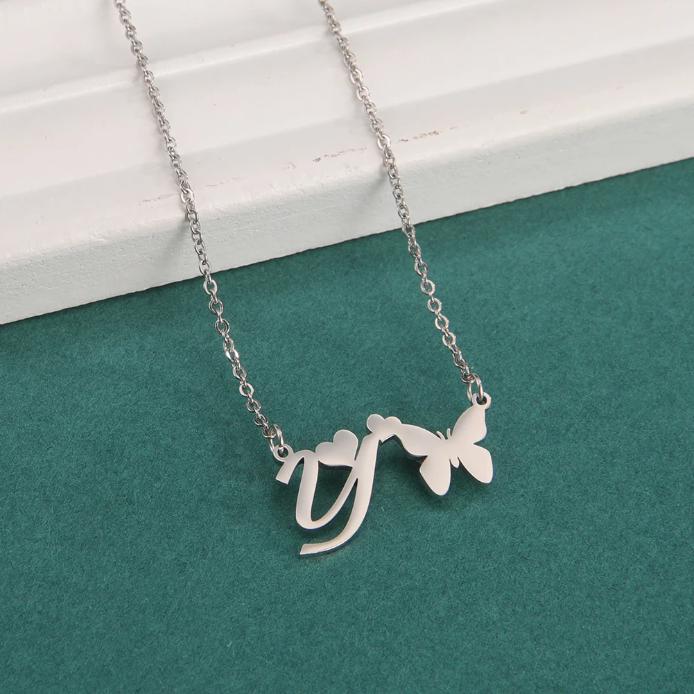 Amaxer for Women Girl Sweet Butterfly Alphabet Necklace A-Z Initial Letter Name Stainless Steel Gold Silver Color Jewelry Gift_voghion.com