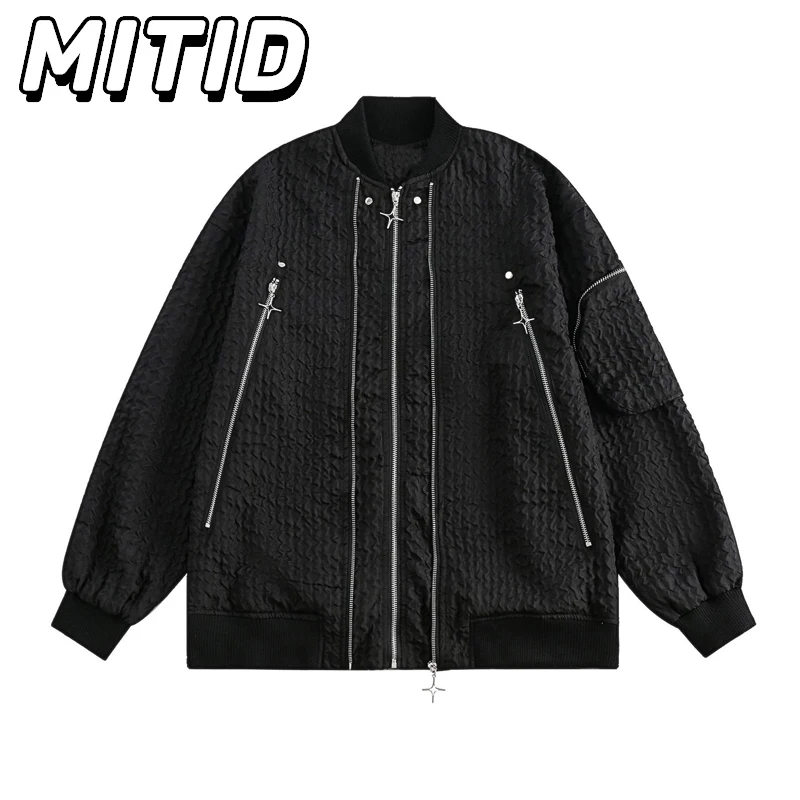 

Spring Autumn Couple Baseball Jacket Retro Zipper Bomber Jackets Men Fashion Folds Black White Oversized Coat For Lovers