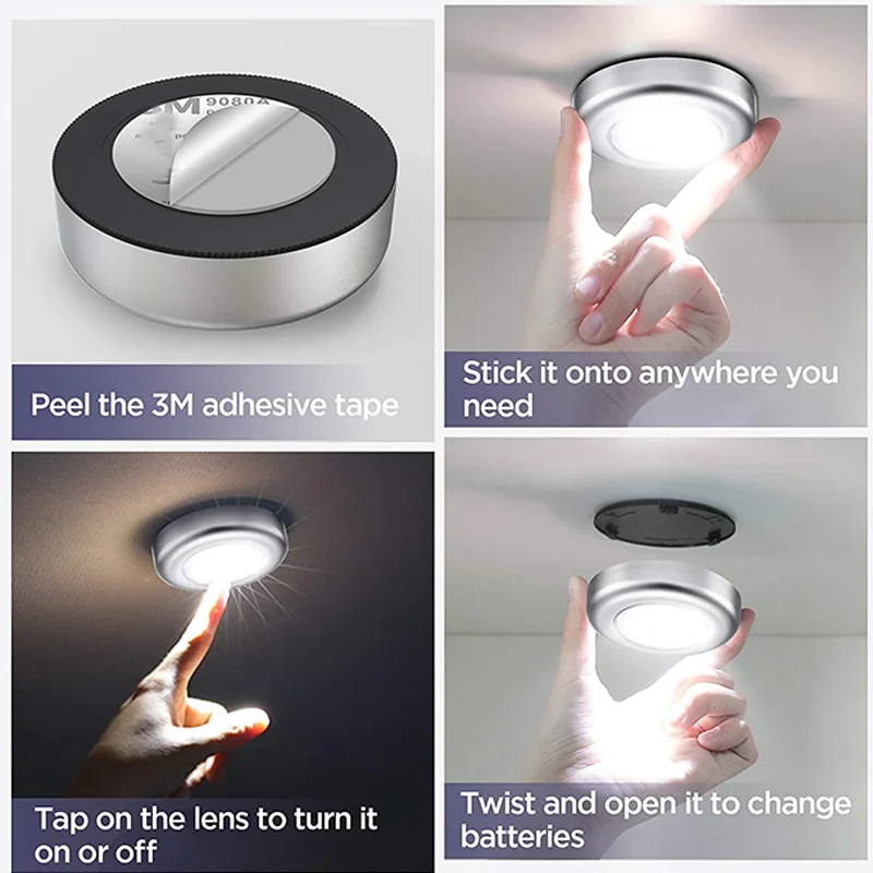3 LED Touch Lamp Closet Cabinet Touch Control Night Light Wireless Bedside Light Kitchen Bedroom Wall Lamp AAA Battery Powered