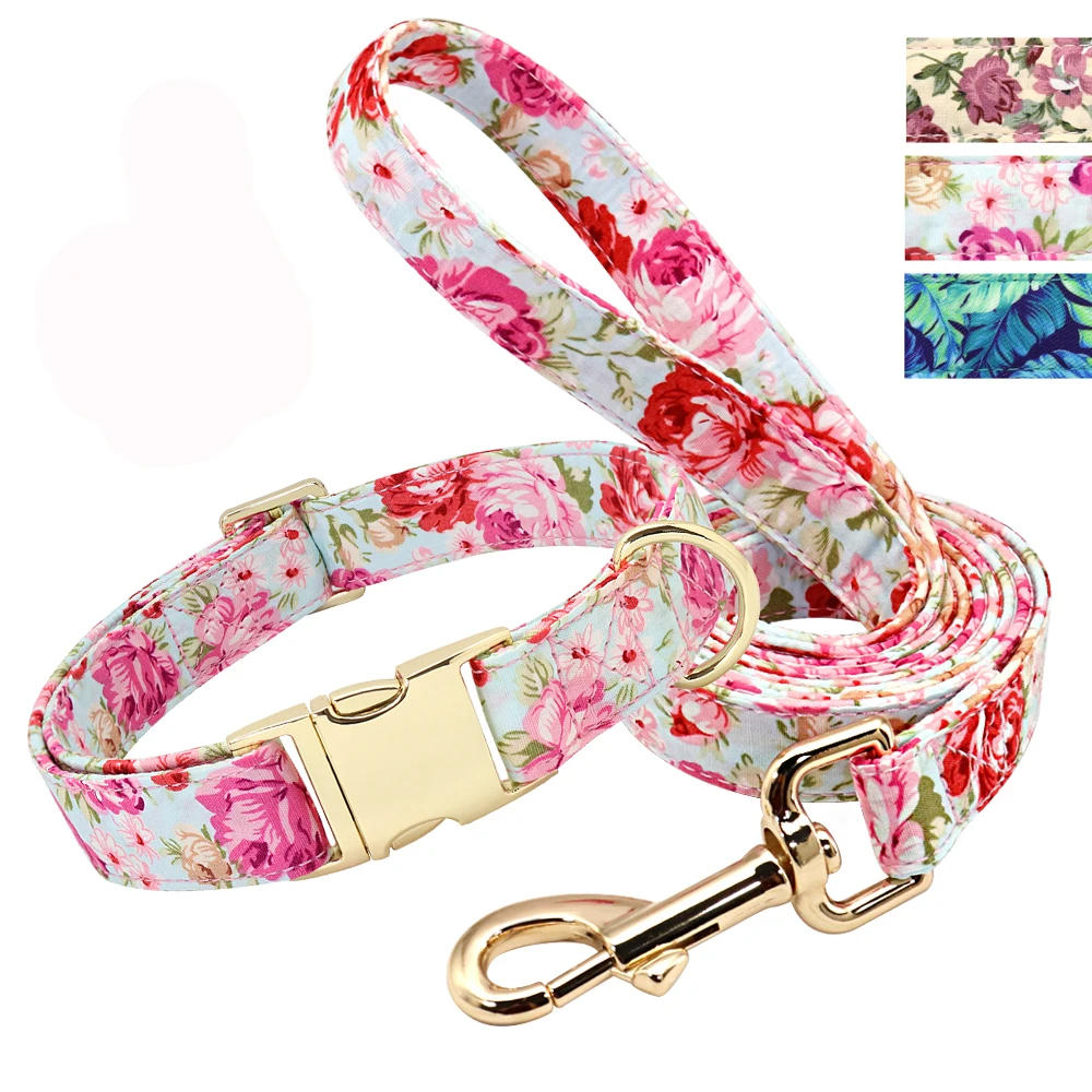 Nylon Dog Collar Leash Set Flower Printed Pet Collar Leash For Small