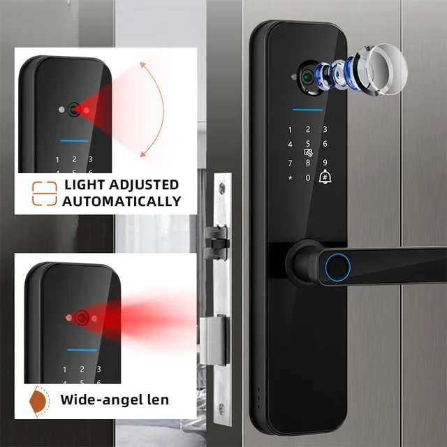 XSDTS Tuya Wifi Digital Electronic Smart Door Lock With Biometric Camera Fingerprint Smart Card Password Key Unlock 2