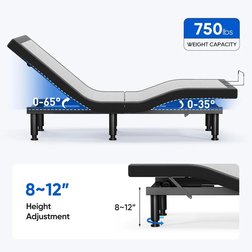 Adjustable Bed Frame Split King with Massage, Electric Bed Base Frame with Adjustable Legs, USB Ports, Wireless Remote 5