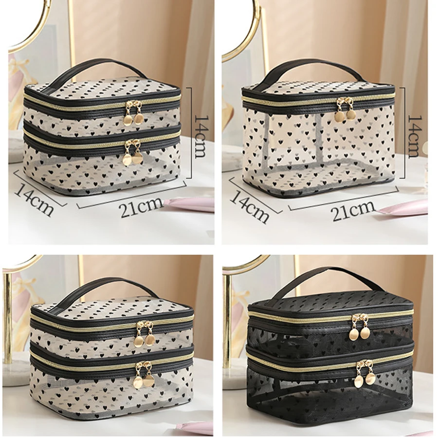 Double-layers Black Mesh Cosmetic Bag Travel Portable Large-Capacity Makeup Case Organizer Storage Pouch Zipper Toiletry Bags 5