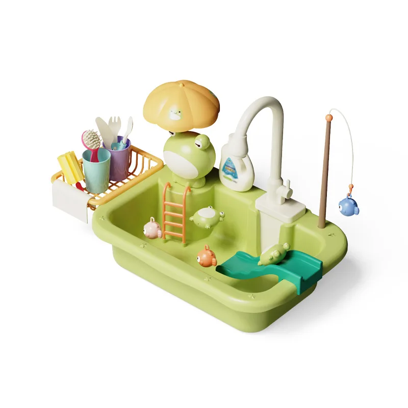 Children'S Kitchen Toy Girl Play House Little Frog Yellow Duck Dishwasher Electric Cycle Water Sink Dish Basin Birthday Gift 6