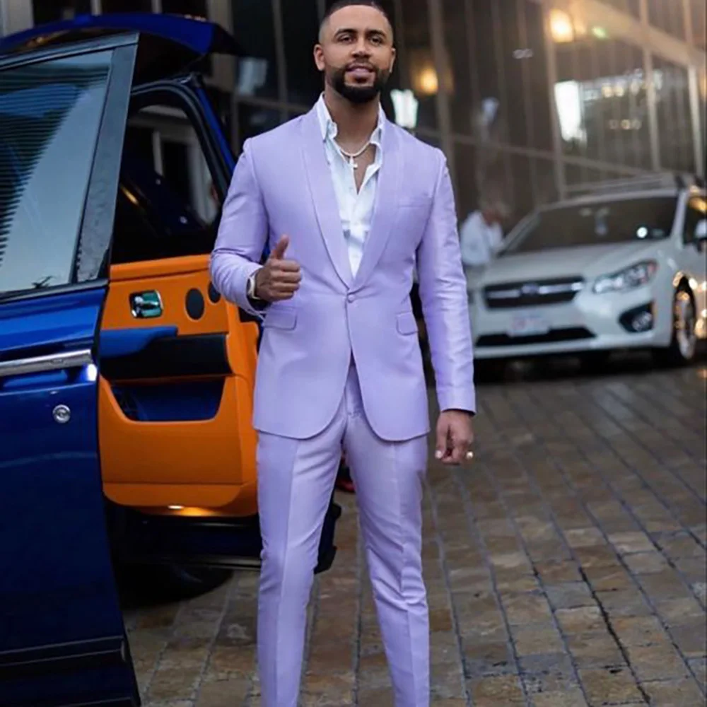 

Men's Suit Blazer Purple Shawl Lapel Tuxedo Tailcoat Wedding Set 2 Pieces Jacket Coat Trousers Slim Fit One Button Formal Suit