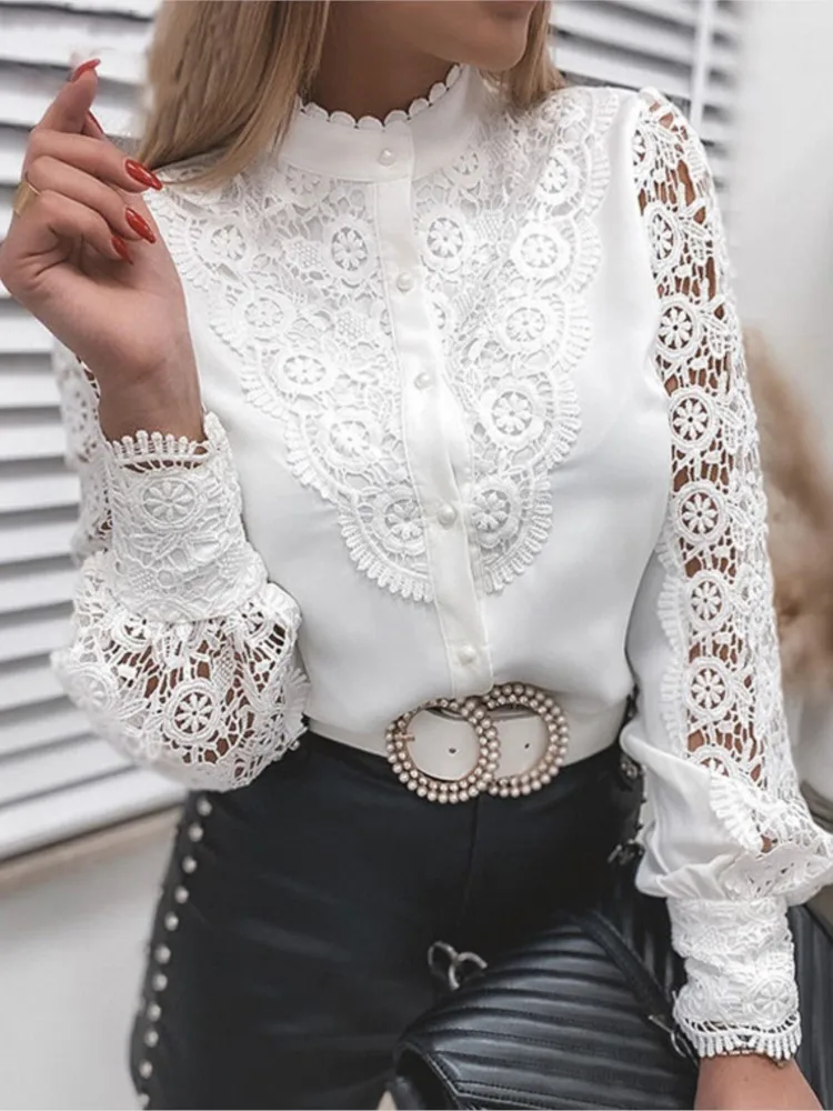 2023 Women Causal White Lace Shirts & Blouses Patchwork Hollow Out Blouse Long Sleeve O Neck Mesh Tops Elegant Button Shirts