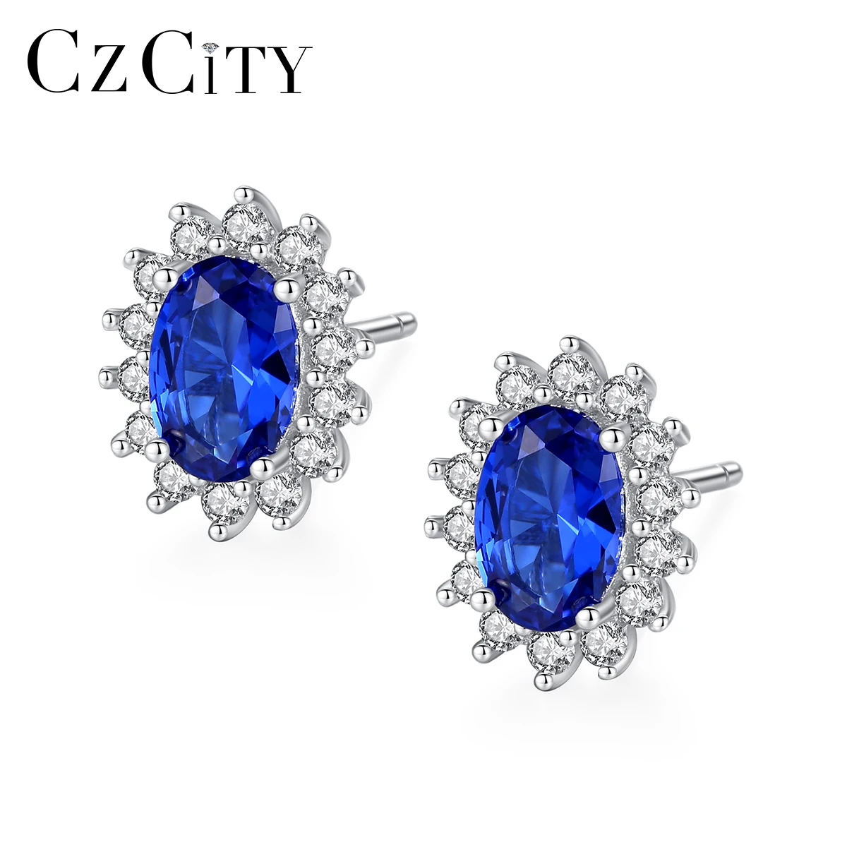 CZCITY pendientes de zafiro azul con forma ovalada, joyería elegante de