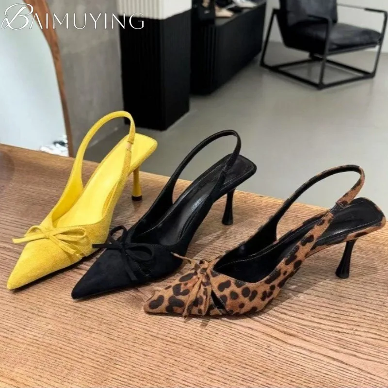 Leopard Sexy Pointed Toe High Heels Shoes Women Sandals Bow Slippers Slingback Summer Trend Dress Woman Brand Sandalias