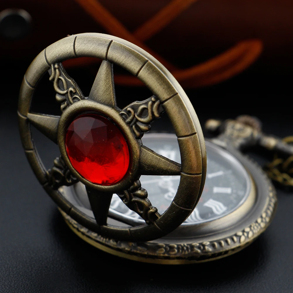 Magic Ruby Pentagram Quartz Pocket Watch Vintage Gentleman Style Series Necklace Pendant Clock Commemorative Gift