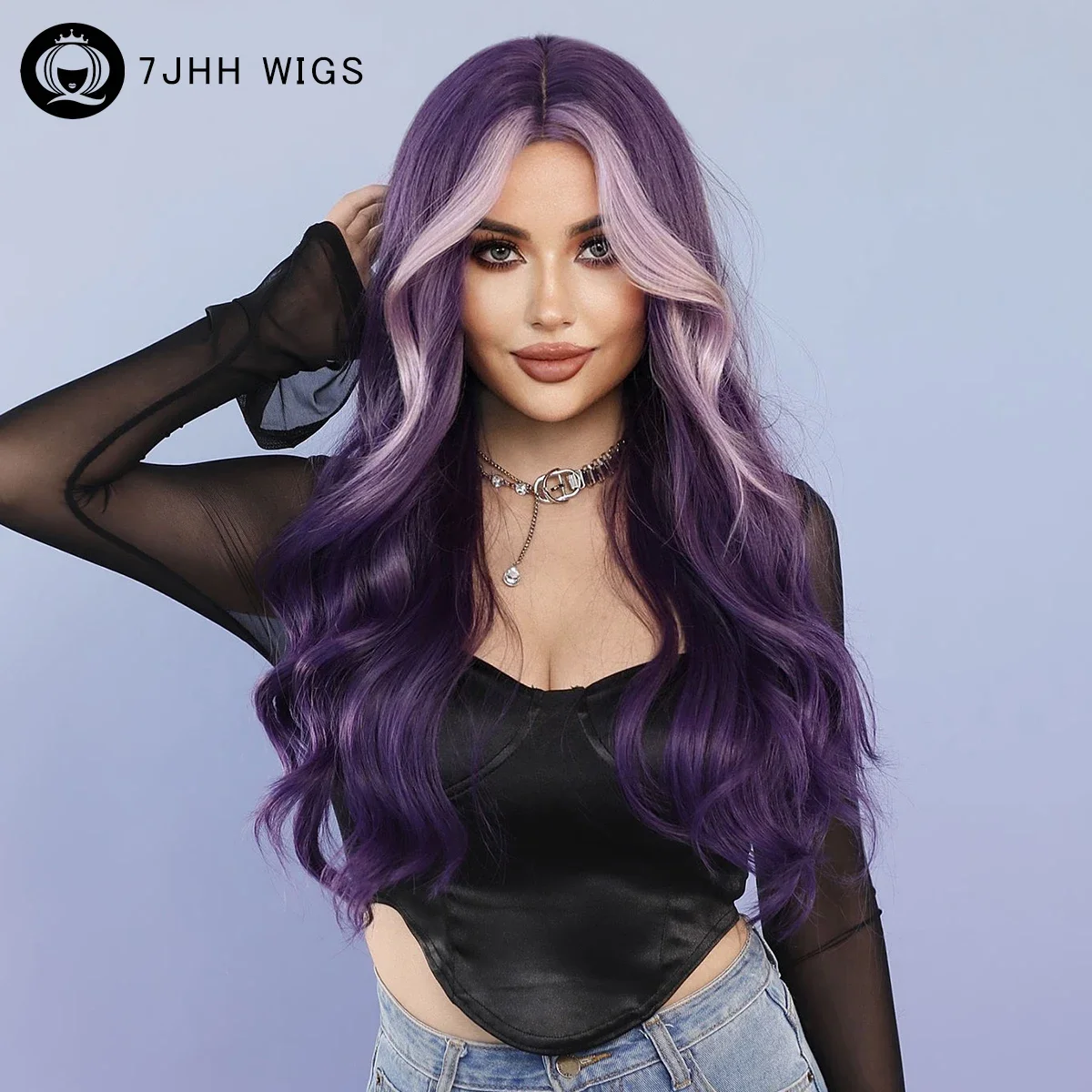 High Density Synthetic Body Wavy Dark Purple Wig for Women Daily Party Loose Long Curly Hair Wigs with Bangs Heat Resistant