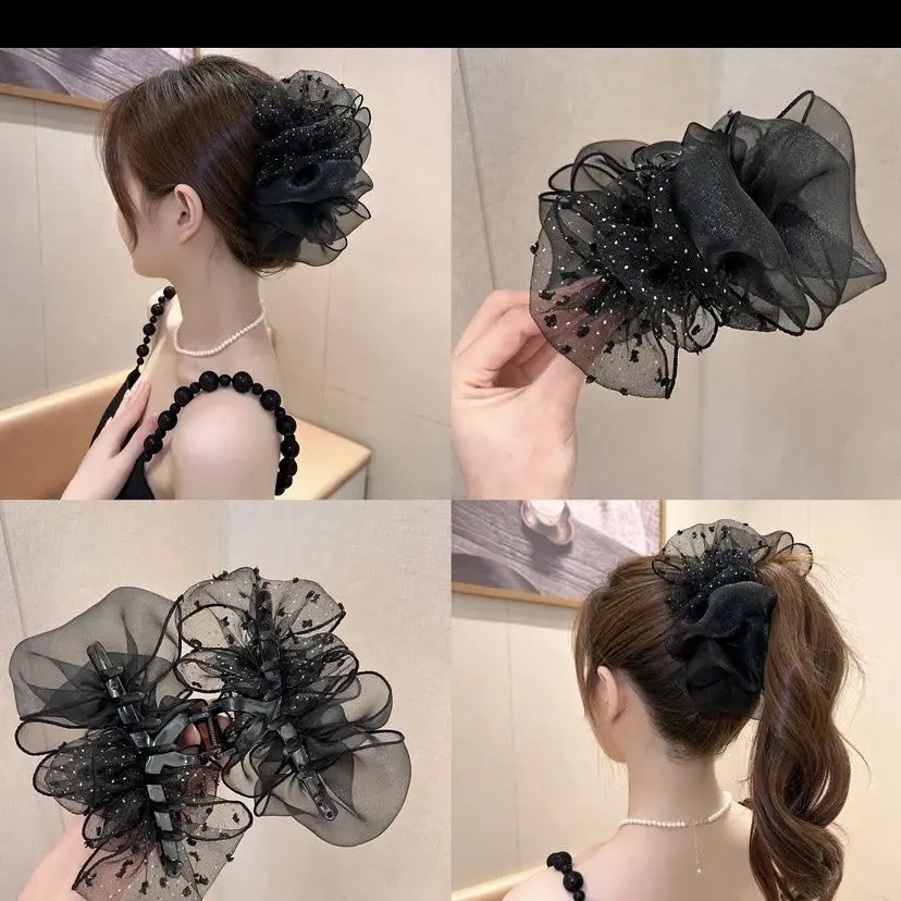 

Gold dotted double spell cloud mesh bow grab clip versatile fluffy hair volume coil hair high ponytail shark clip