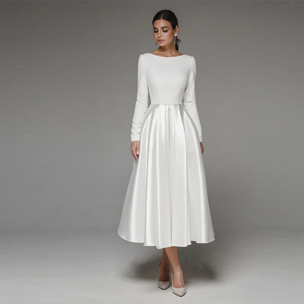 

Винтажное обручальное Свадебное платье длиной ниже колена с длинным рукавом и круглым вырезом, простое гражданское Свадебное платье А-силуэта для невесты, атласное платье