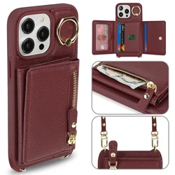 Elegant Crossbody Leather Wallet Case with Ring Holder and Zippered Card Pocket - iPhone 13 (Wine red)