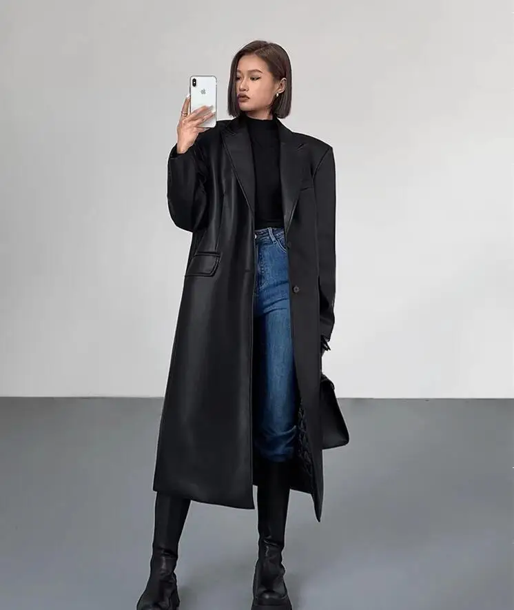 Women Leather Long Jacket Trench Oversized Faux Leather Blazer Button Down Lapel Coat with Pockets Down Shirts/Coats Work Office