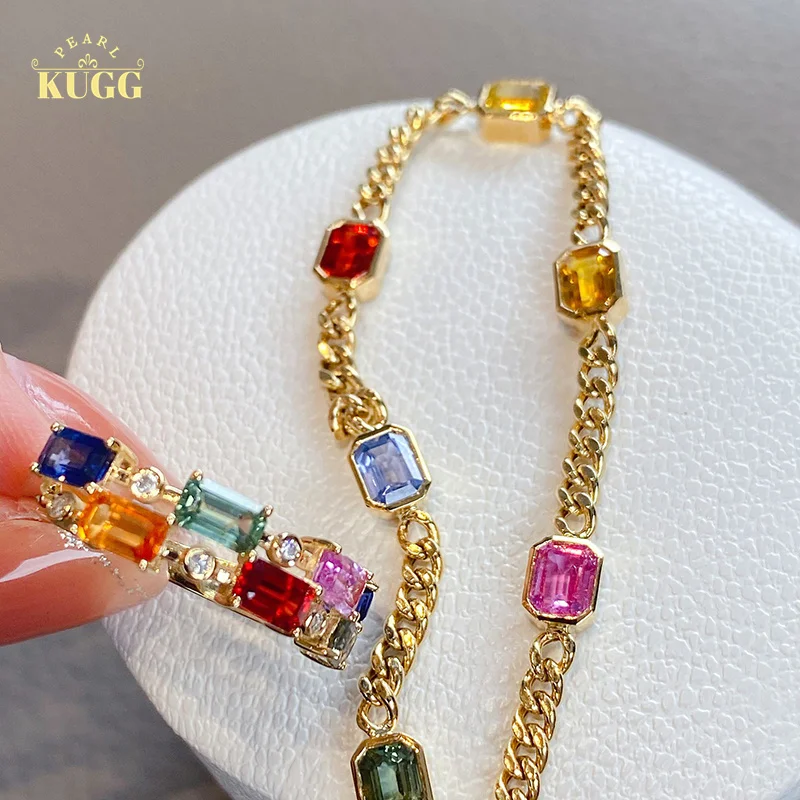 KUGG 18K Yellow Gold Bracelet Shiny Real Natural Aquamarine Classic Cuban Design INS Style Engagement Jewelry for Women