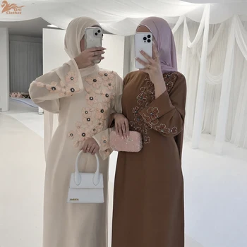 فساتين نسائية مع تطريز زهري ثلاثي الأبعاد مع زخارف دقيقة في الأمام والأكمام، عباءة للنساء المسلمات 1