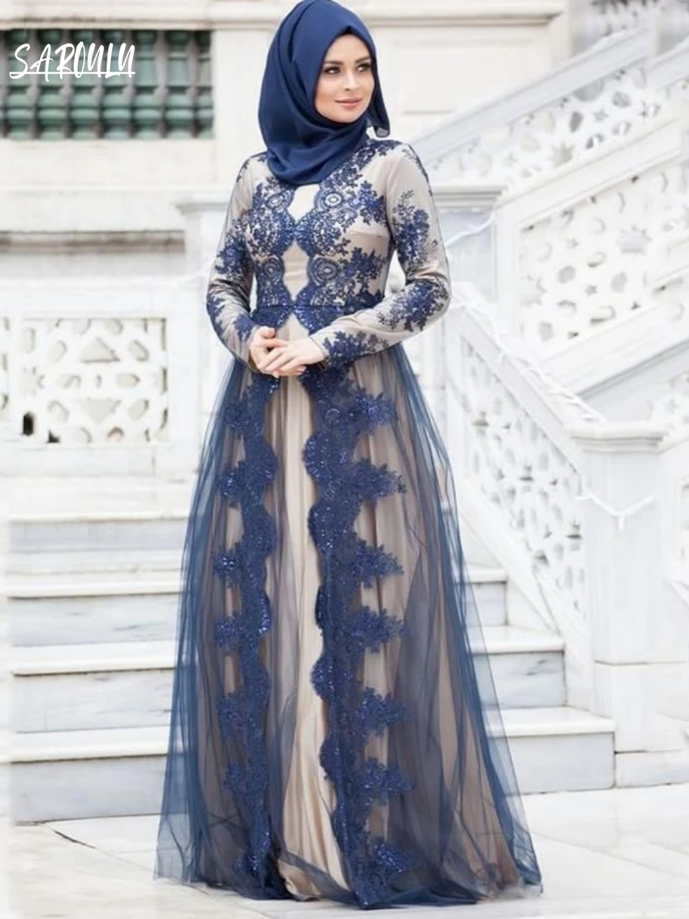 

2024 Dubai Abaya Arabic Moroccan Caftan Muslim Evening Dress Appliques A-line Formal Floor-length Dress Robe De Mariée