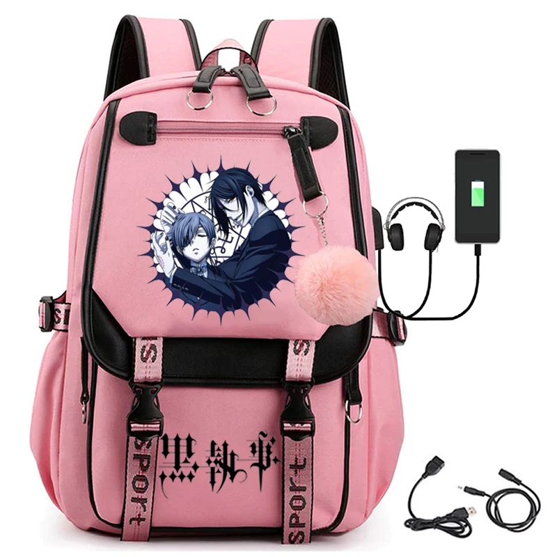 블랙 집사 애니메이션 USB 포트 배낭 나일론 학교 책 학생 여행 가방, 노트북 캐주얼 대형 메신저 백