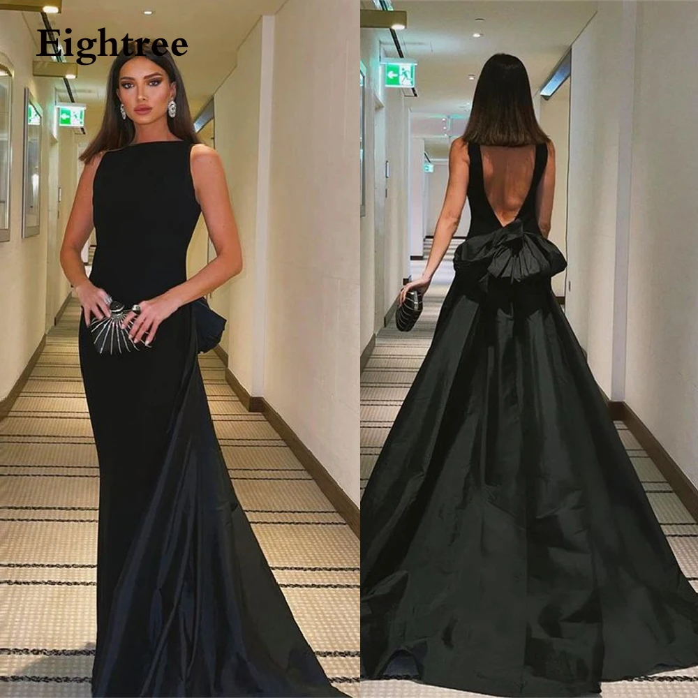 gold evening gowns Eightree O Neck Black Backless Bow Prom Dress A Line Sleeveless Long Train Dubia Evening Night Party Dresses Vestidos Prom Gowns evening dresses with sleeves