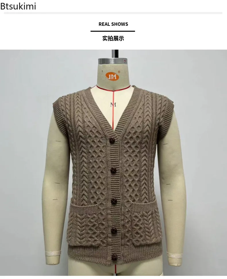 2024Men's V-Neck Sweater Vest Retro Double Pockets Button Knit Vest Coats Autumn Winter Solid Casual Loose Thicker Tops Vest Men