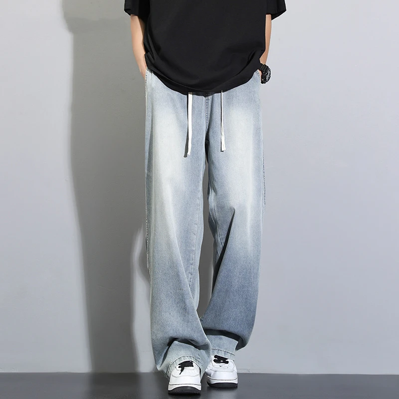 

Trendy Ice Silk Solid Color Summer Men Jeans Thin Style Washing Casual Loose Straight Tube Elastic Waist Comfortable Trousers