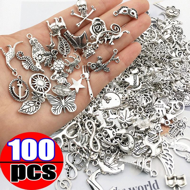 100pcs New Tibetan Silver Mixed Heart Butterfly Key Crown Charms Pendants DIY Jewelry for Necklace Bracelet Making Accessaries