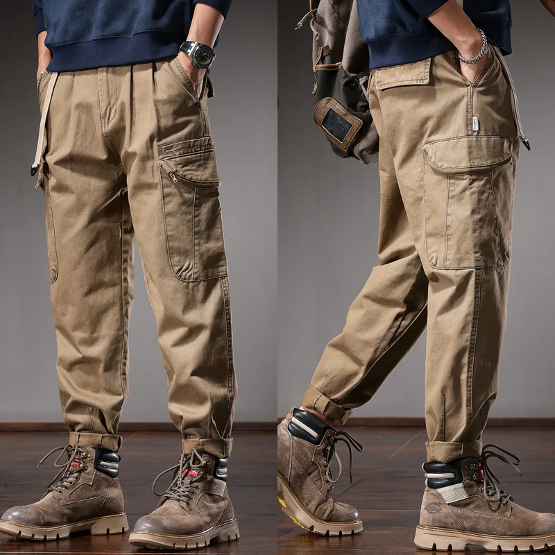 Autumn Cotton Khaki Baggy Cargo Pants Men Streetwear Casual Elastic Waist Belt Loose Straight Leg Trousers