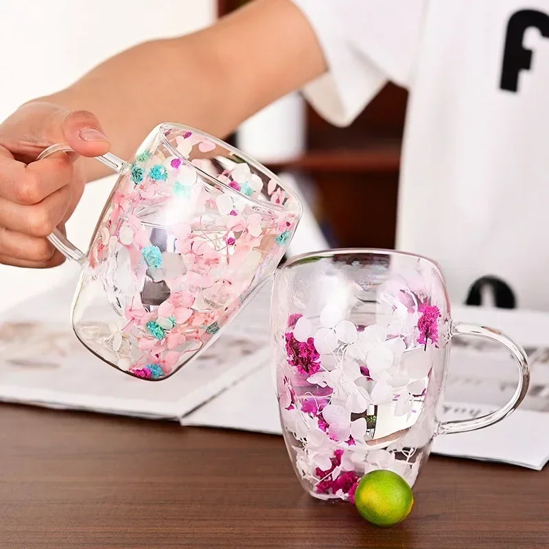 350ml Dried Flower Decorative Double Walled Glass Mug with Handle Coffee Cup Creative Flower Mug Heat insulation Milk Water Cups