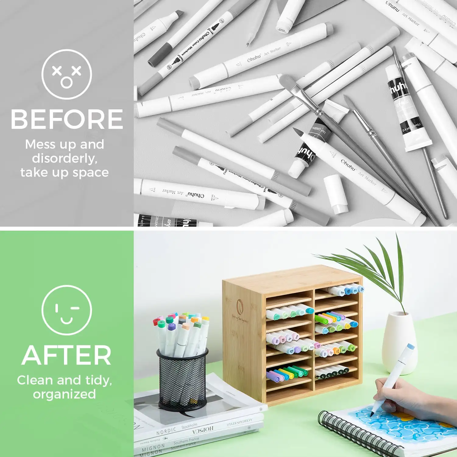 Ohuhu Bamboo Marker Organizer Wooden Desktop Storage Hold 126 Markers Pens Pencils Art Brushes Stationary Organizer Pen Holder 4