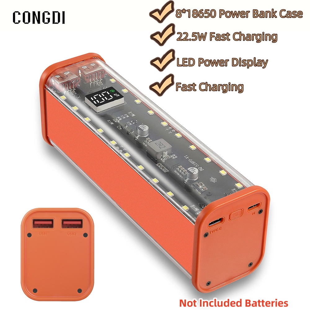 8*18650 Power Bank Case 22.5W Fast Charging Powerbank Case 18650 LED USB C Micro USB Ports Battery Storage Box For Huawei Xiaomi