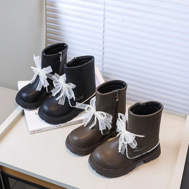 Girls Sweet Princess Ankle Boots Autumn New Children Fashion Leather Boot Elegant Lace Bowknot Kids Causal Platform Boots Zipper