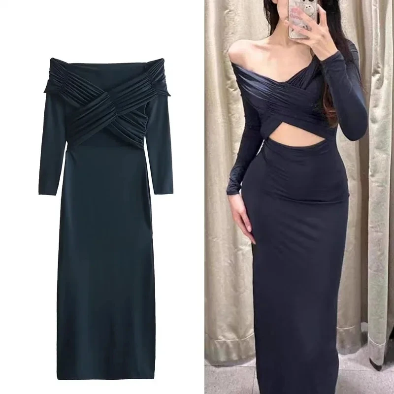 

TRAF Womens Midi Dresses Sexy Off Shoulder New Party Dress Female Long Sleeves One Piece Dress Woman Pretty Fold Long Dresses