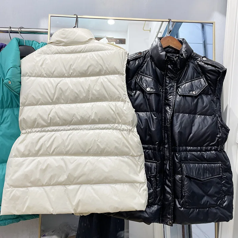Fashion Warm Down Waistcoat Ladies New Ultra Light Women Winter Lightweight Shiny Cotton Vest Black White Coat Sleeveless Jacket