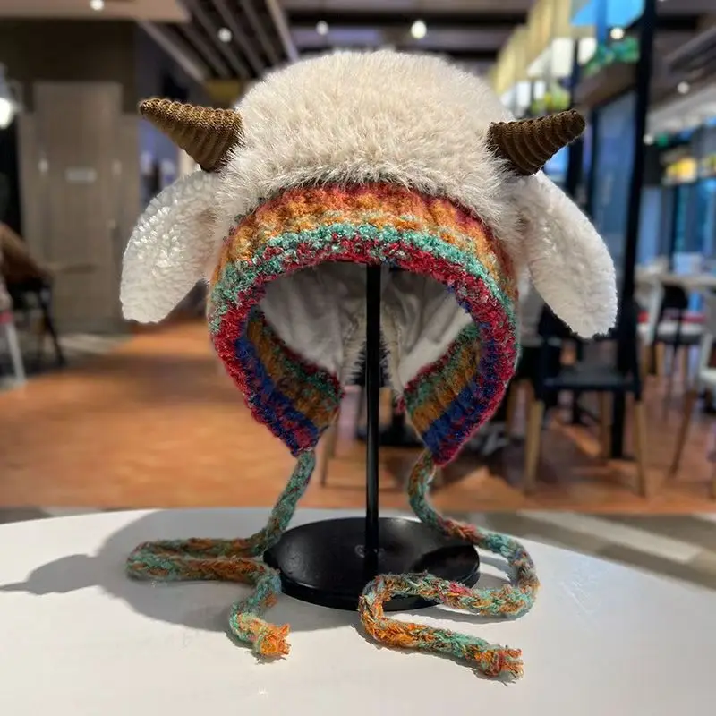 Plush Faux Fur Knitted Animal Hat with Horns Sheep Ears Beanie Ear Flap Winter Wayolyn Fuzzy Hat Sheep Horn Beanie Fluffy Beanies Y2k  main image 2
