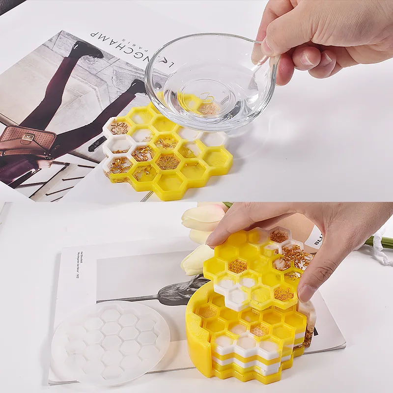 Honeycomb Coaster Resin Molds Set with Storage Box for DIY Crafts and Home Decor
