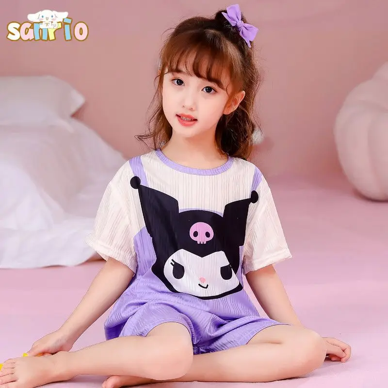 

Аниме Sanrio Cinnamoroll My Melody Kuromi, детские пижамы, кавайная Пижама с короткими рукавами для девочек, комплект из двух предметов, Новая домашняя одежда