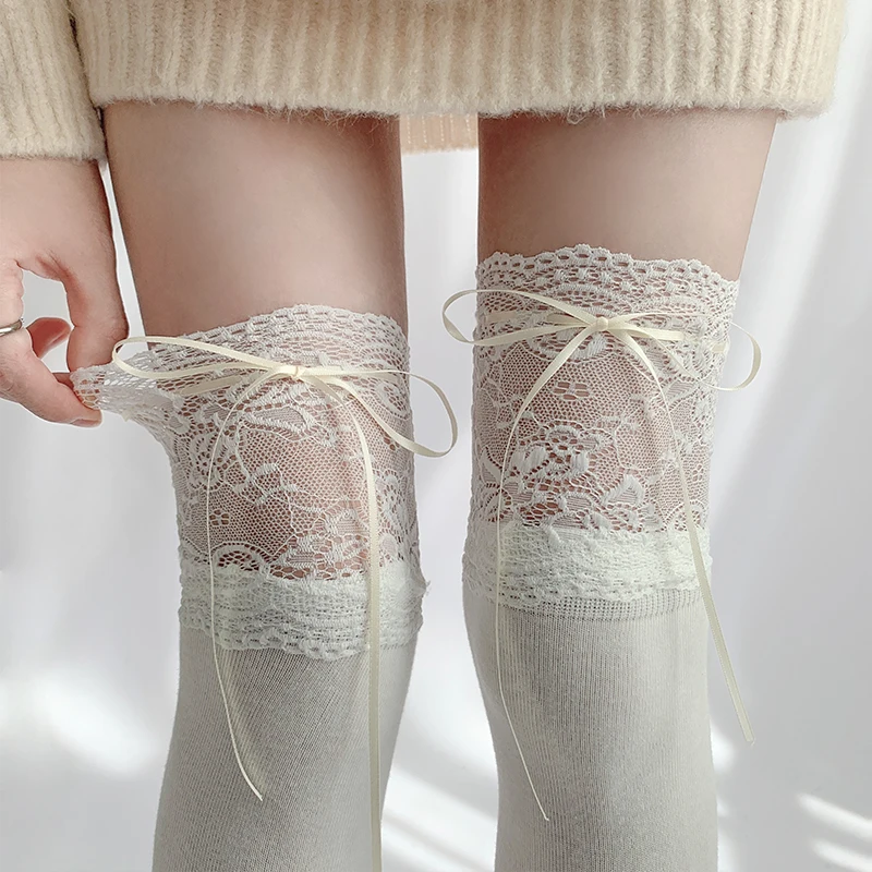 Lace Tied Ribbon Velvet Over Knee Socks 1 Pairs Women Mid Leg Kawai Thigh High